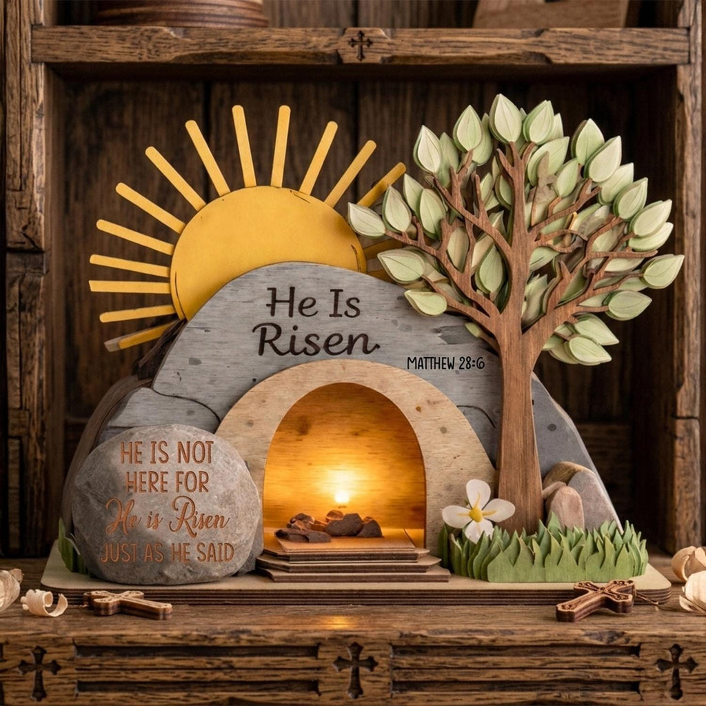 He is Risen Easter 3 Layer Wooden Block, Christian Resurrection Table Sign, Christian Religious Home Decor Gift, Empty Tomb Cross Wood Shelf