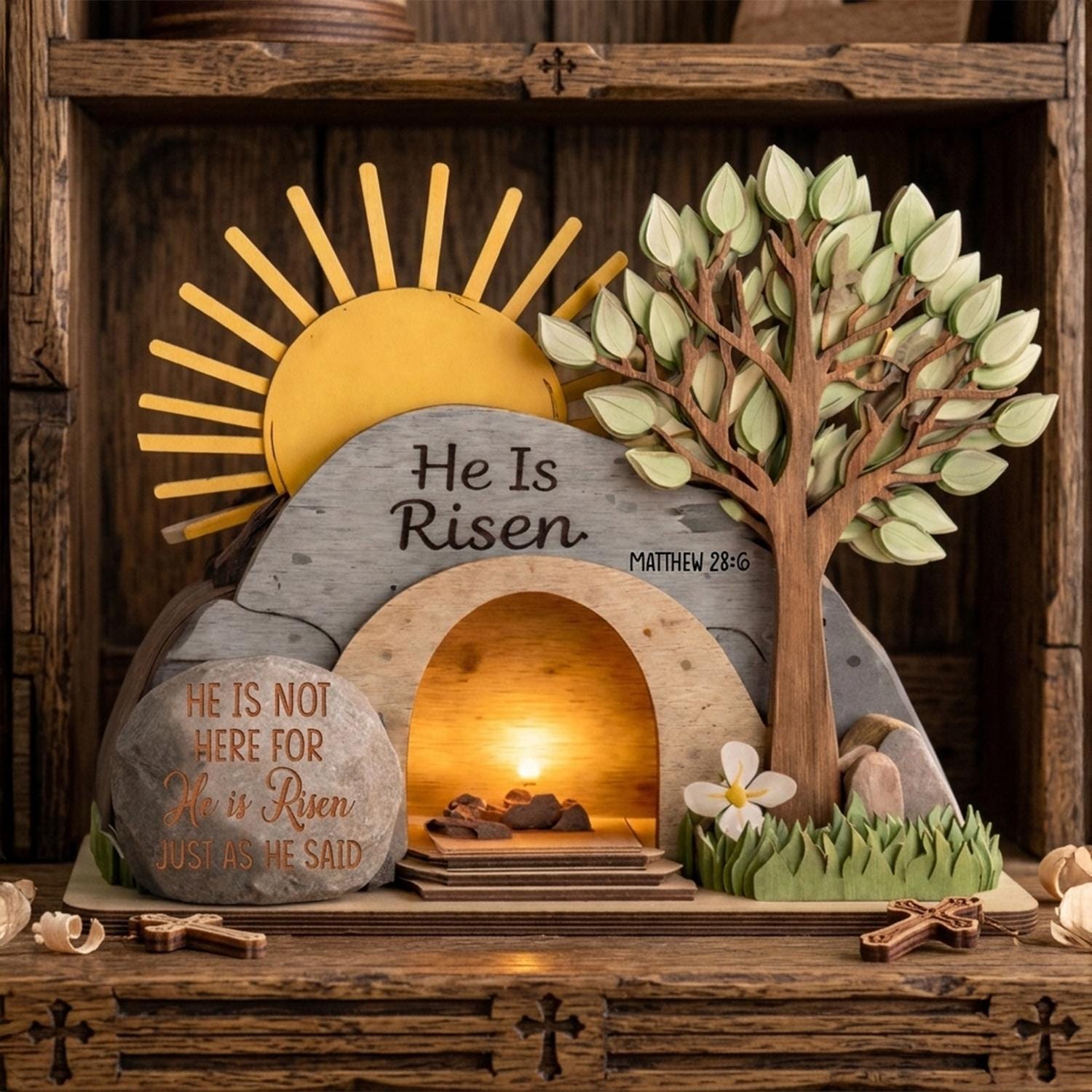 He is Risen Easter 3 Layer Wooden Block, Christian Resurrection Table Sign, Christian Religious Home Decor Gift, Empty Tomb Cross Wood Shelf