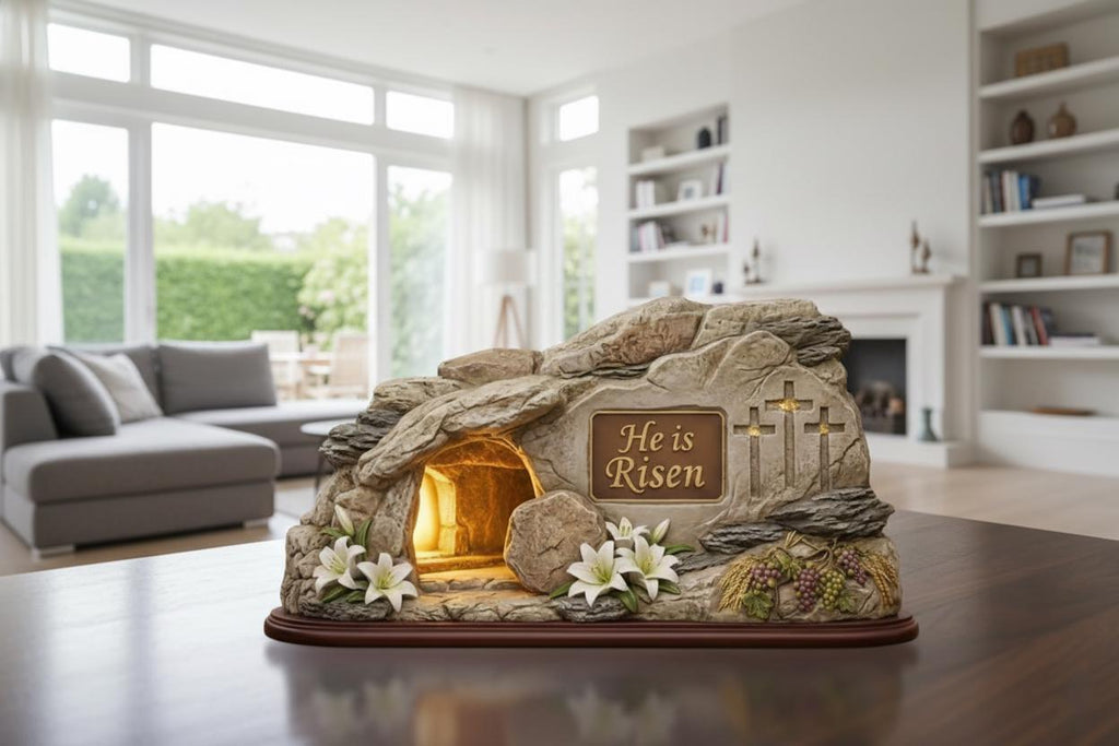He is Risen Resurrection Tomb Statue - Elegant Christian Easter Home Decor - Lighted Religious Shelf Decor - Easter Celebration Gift