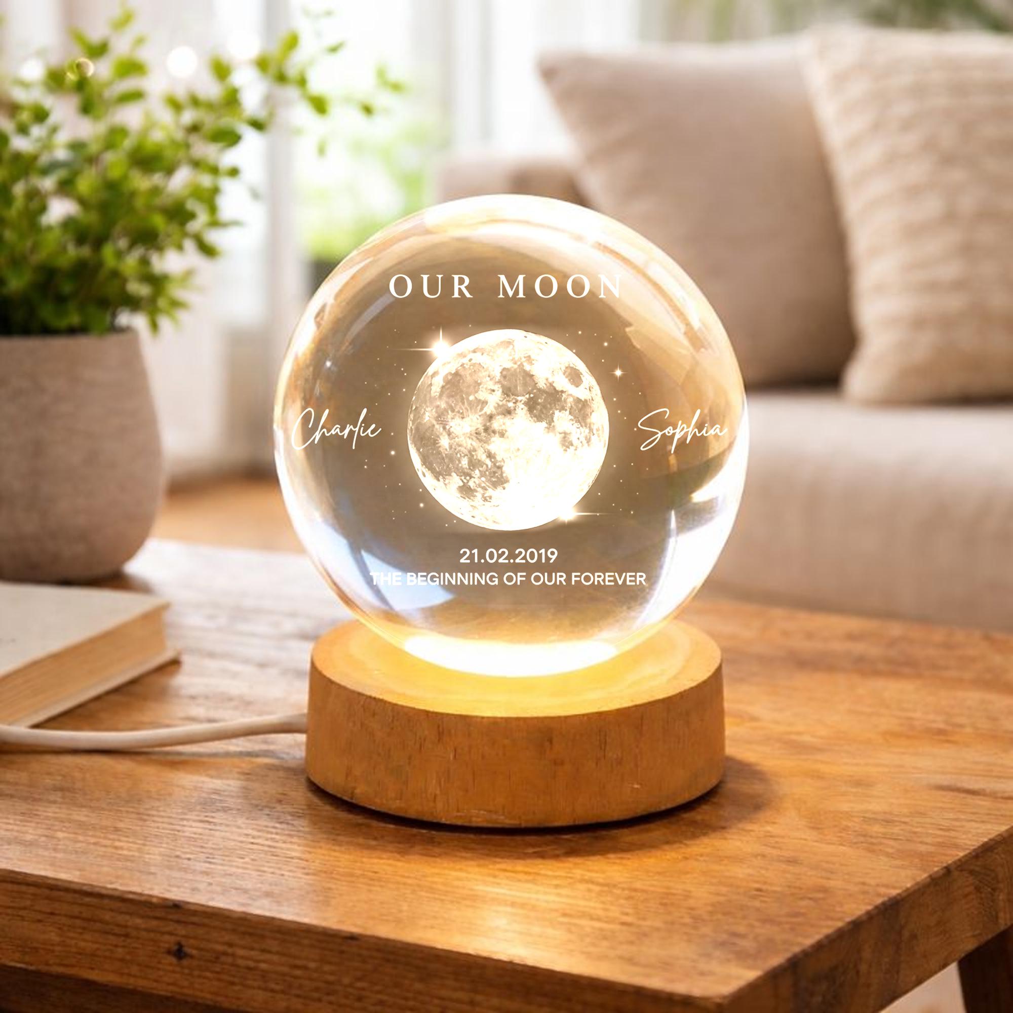 Our Moon Custom Moon Phase Crystal Ball Night Light, Personalized LED Glass Lamp, Valentine's Day Gift for Couple, Husband, Boyfriend, Wife