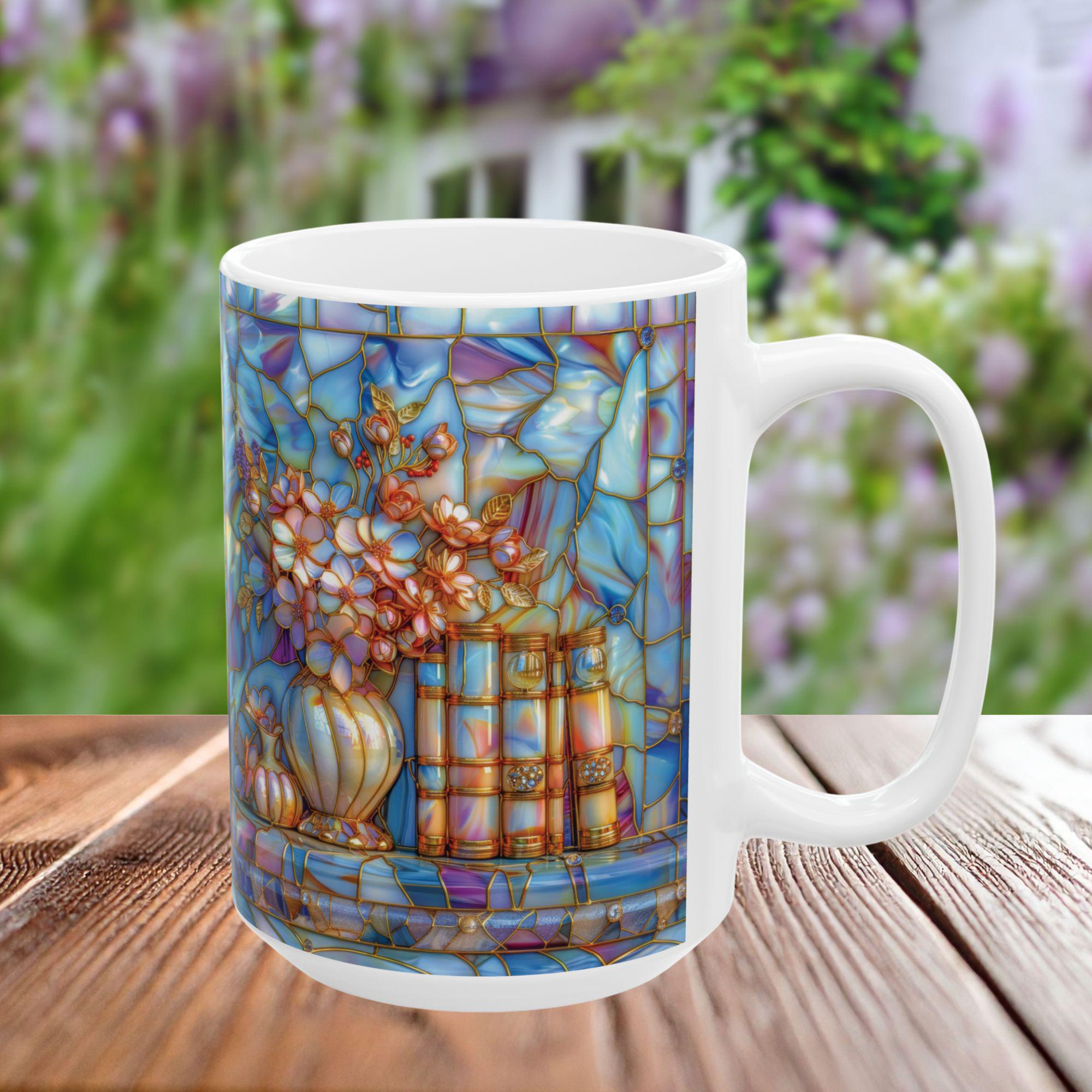 Floral Bookshelf Coffee Mug_ Books and Flowers Faux Stained-glass Ceramic Mug, Book Lover Gift for Friend, Mom