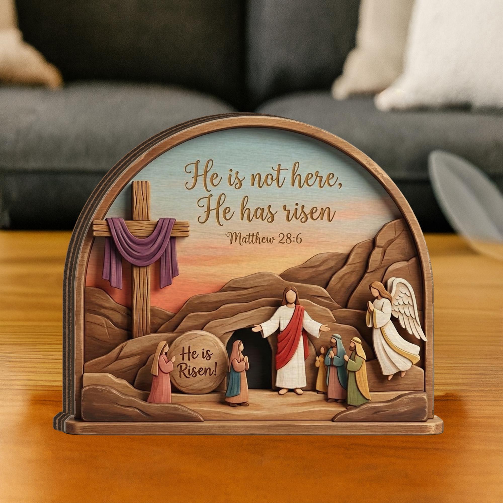 He is Risen Easter Decoration, Wooden Cross Tabletop Ornament, He is Risen Wood Sign_ Jesus Resurrection Scene, Easter Decor