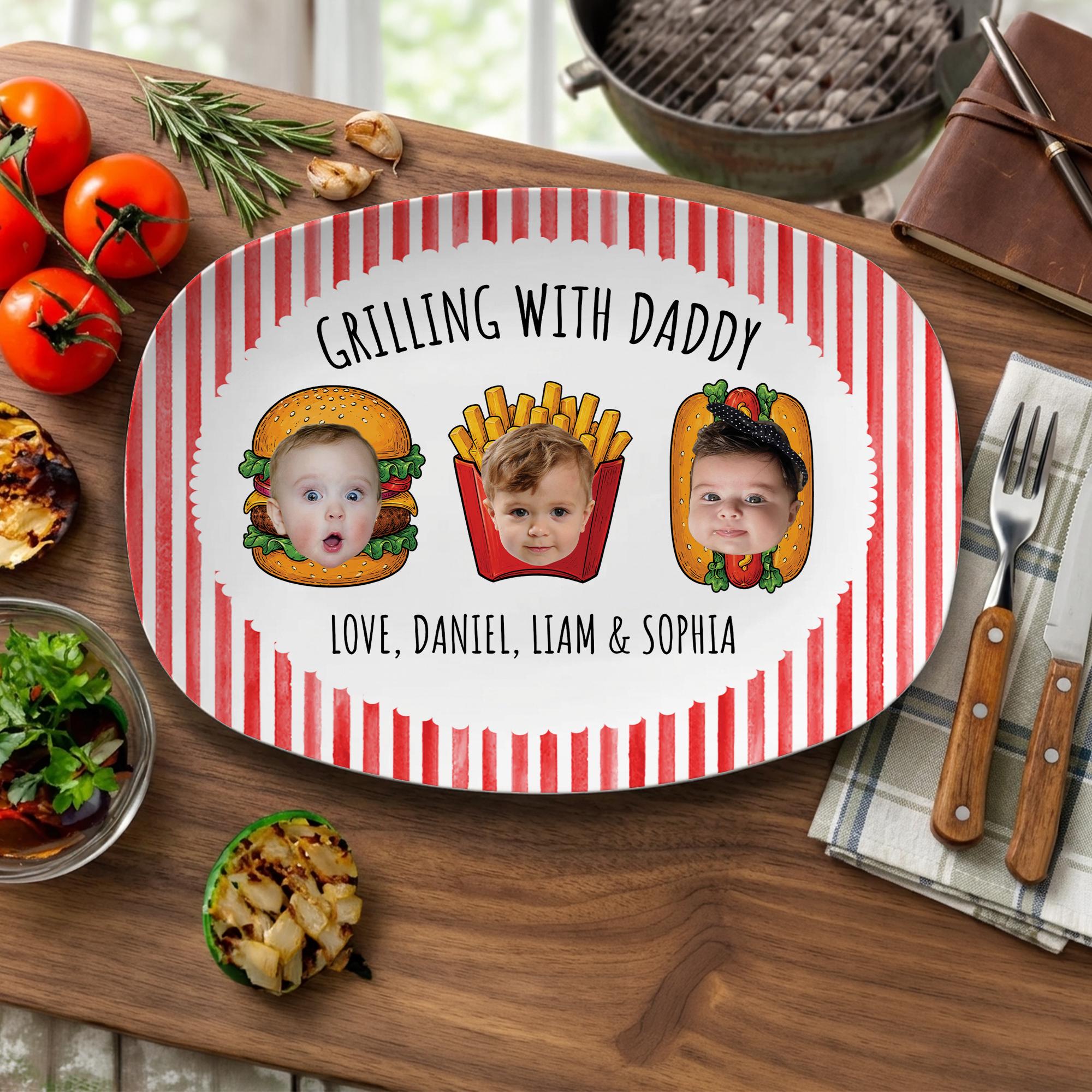 Custom Father’s Day Gift for Dad From Kids, Personalized Striped Dad’s Grilling Platter With Kid Faces, Dad Grilling Plate for Kitchen Decor