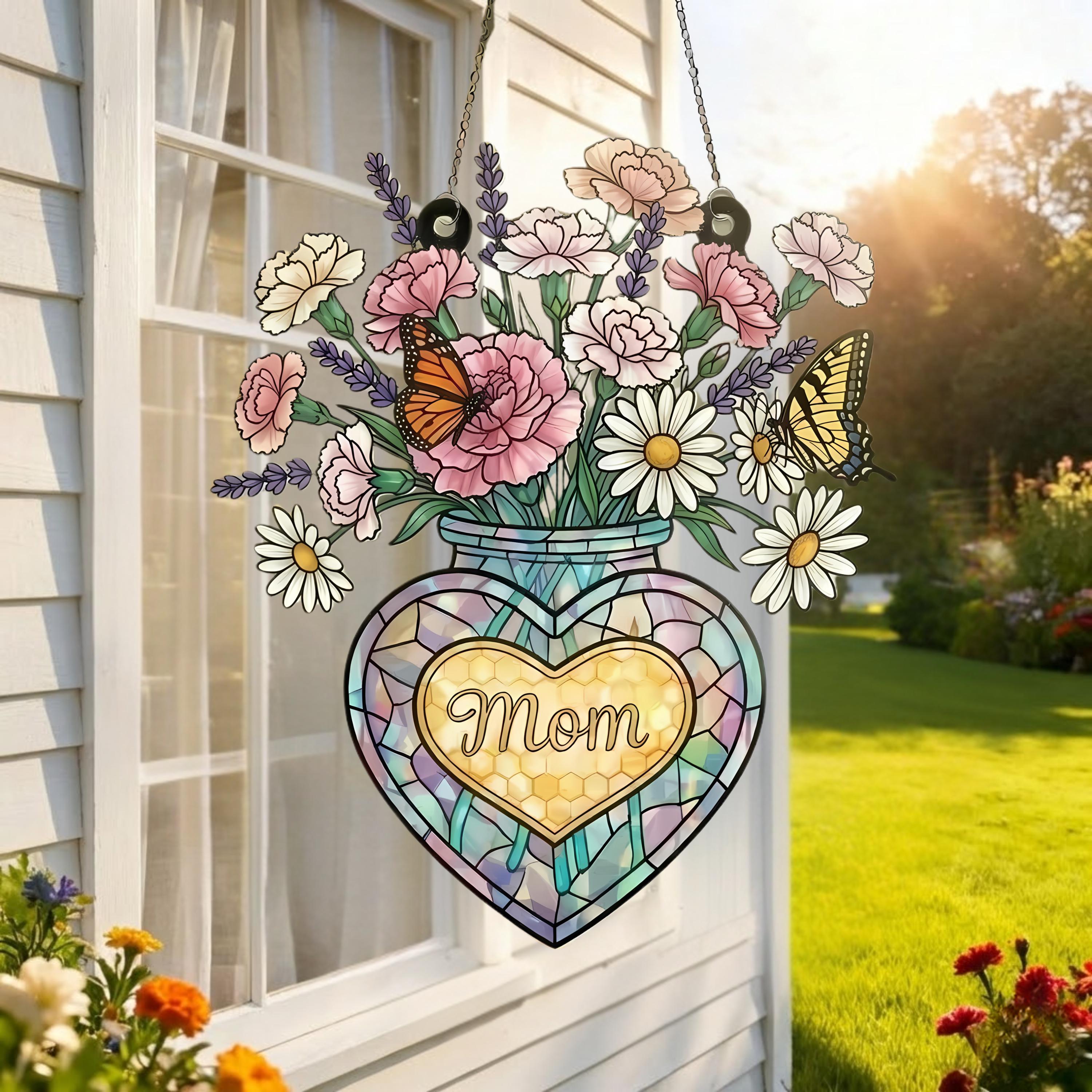 Mom Suncatcher With Vase of Flowers, Stained Glass Style Window Hanging With Butterflies, Heart Jar Mother's Day Gift