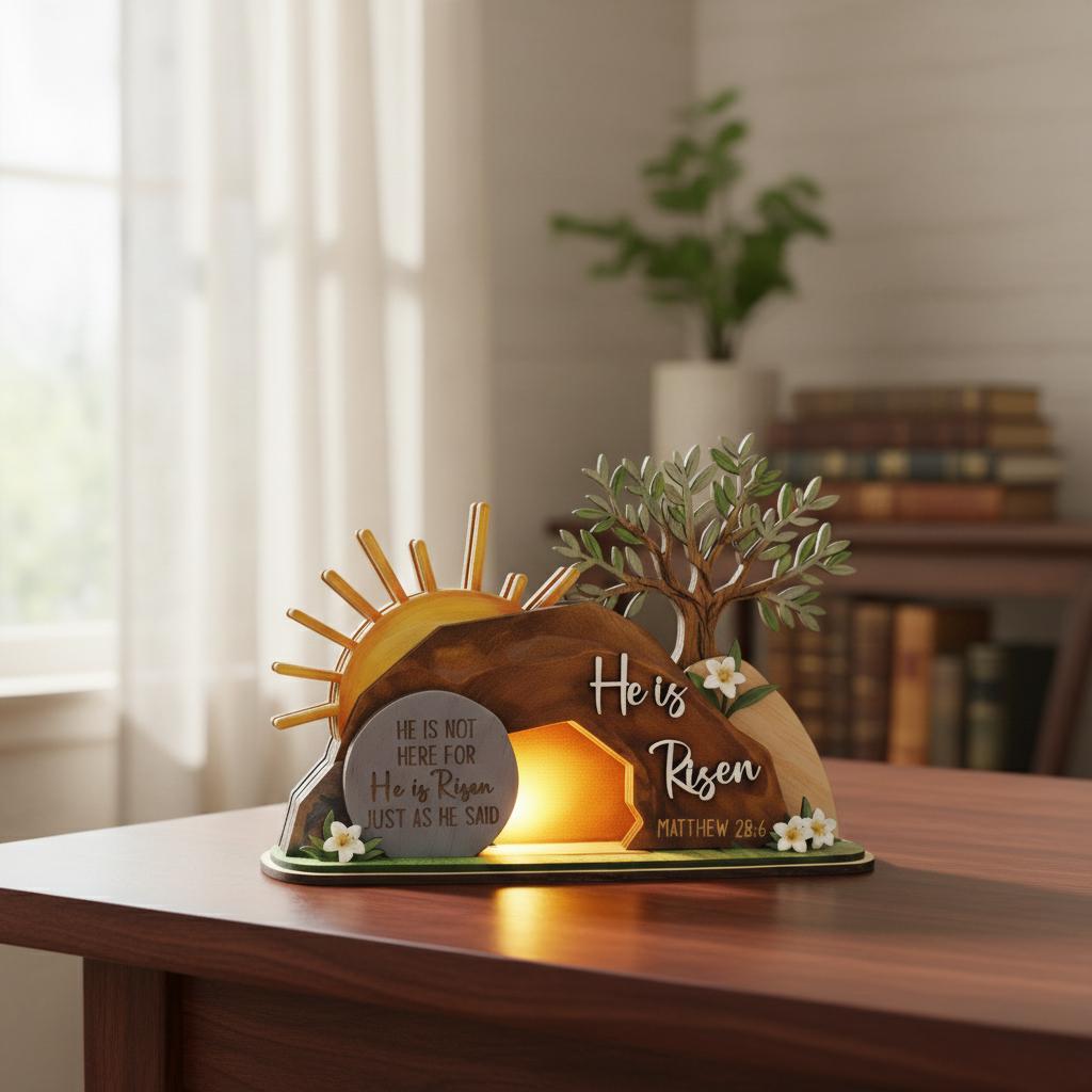 He is Risen Easte Wooden Block, Christian Resurrection Table Sign, Religious Home Decor Gift, Empty Tomb Cross Wood Shelf