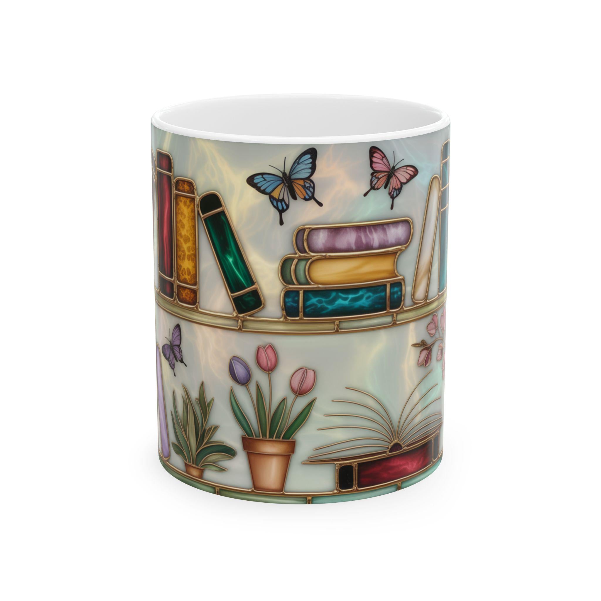 Book Lover Gift Stained Glass Design Bookshelf Mug Floral Butterfly Cottagecore Reading Mug Bookish Aesthetic Coffee Cup