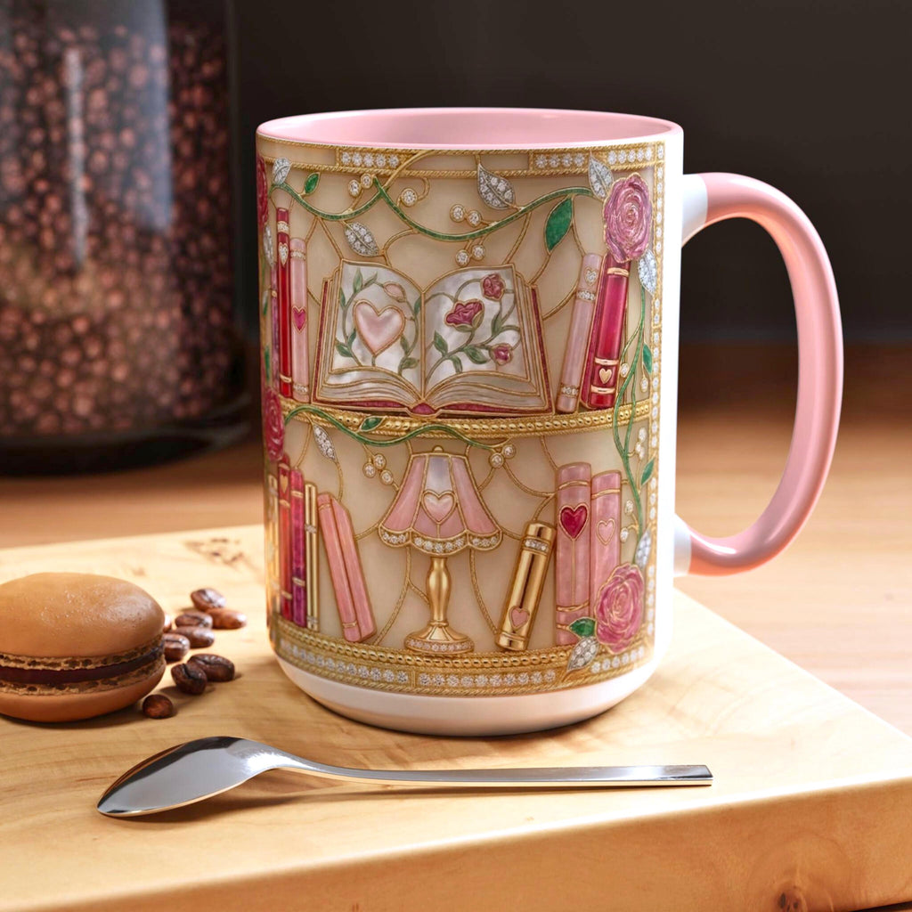 Stained Glass Book Lover Mug, Bookish Floral Coffee Mug, Vintage Bookshelf Art Mug, Reader Gift Mug