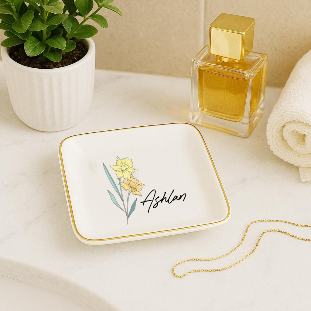 Personalized Birth Flower Ceramic Jewelry Dish_ Custom Trinket Ring Holder, ring Holder Dish,wedding Bridesmaid Gift