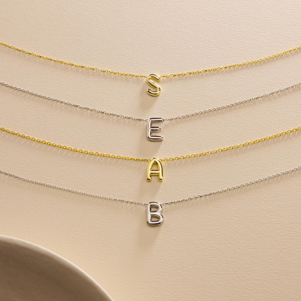 Sterling Silver 3D Bubble Initial Necklace – Custom Letter Pendant, 3D Bubble Letter Necklace, Solid 925 Silver Initial Pendant
