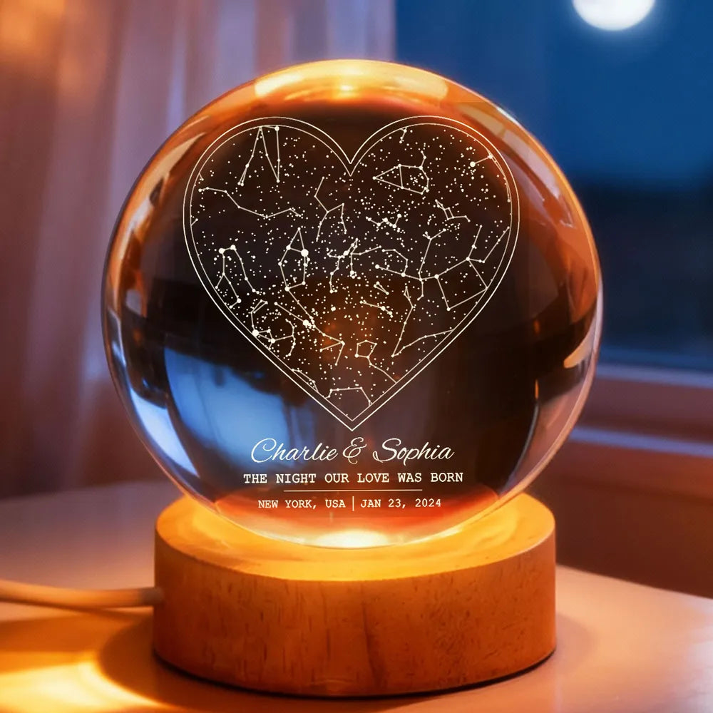 Star Map By Date Couple - Personalized Crystal Ball LED Night Light, Personalized Magical Gift for Her/Him Birthday, Anniversary Memorial Keepsake Night Lamp Decor
