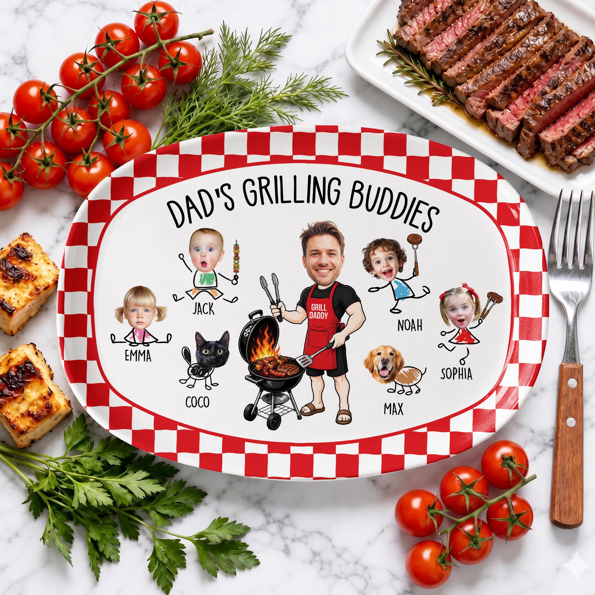 Custom Kid Face Dad’s Grilling Plate, Father’s Day Gift From Kids, Dad's Grilling Buddies, Custom BBQ Grilling Plate Gift With Kids Names