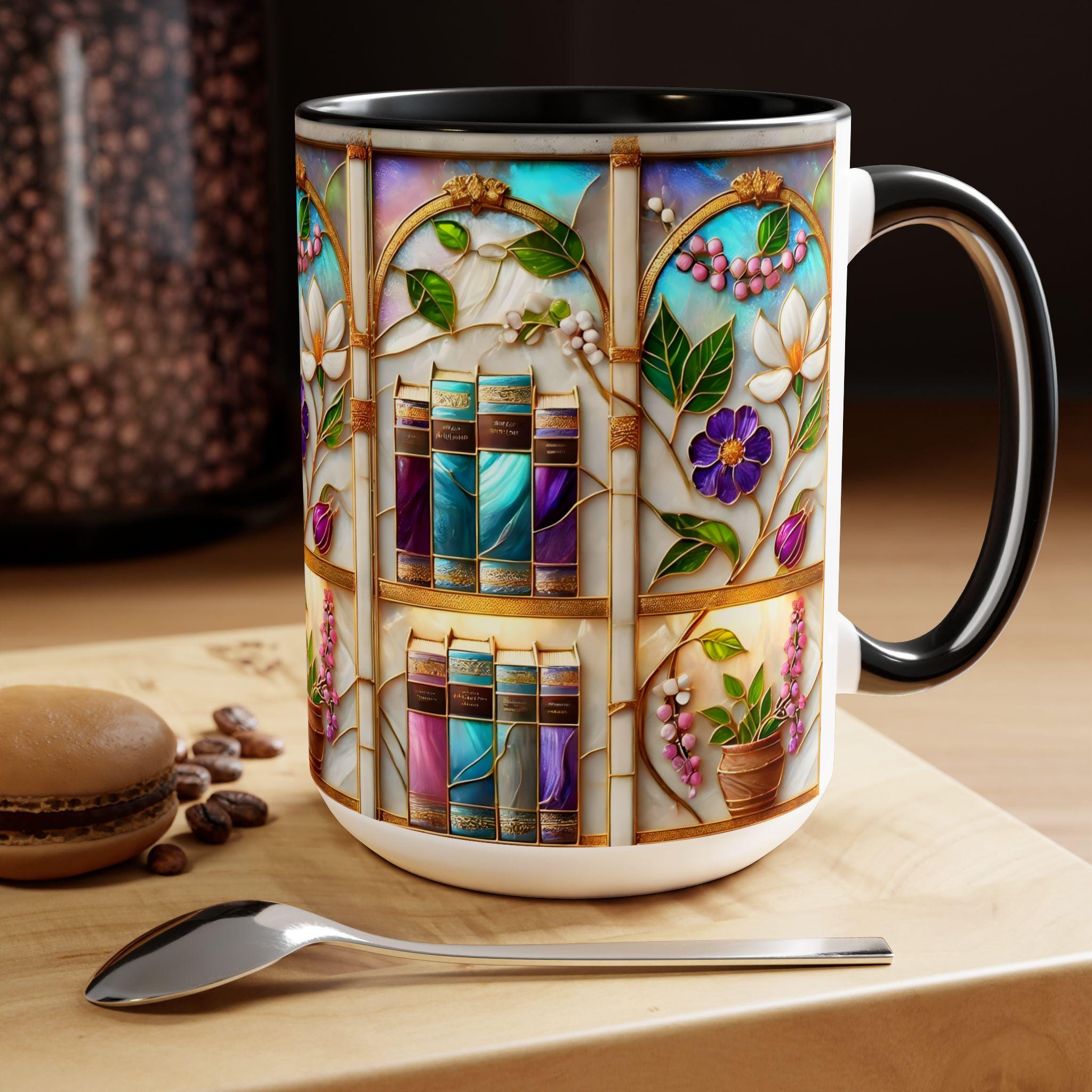 Floral Bookshelf Coffee Mug, Bookish Stained-glass Style Ceramic Mug, Book Lover Gift Mug 15oz