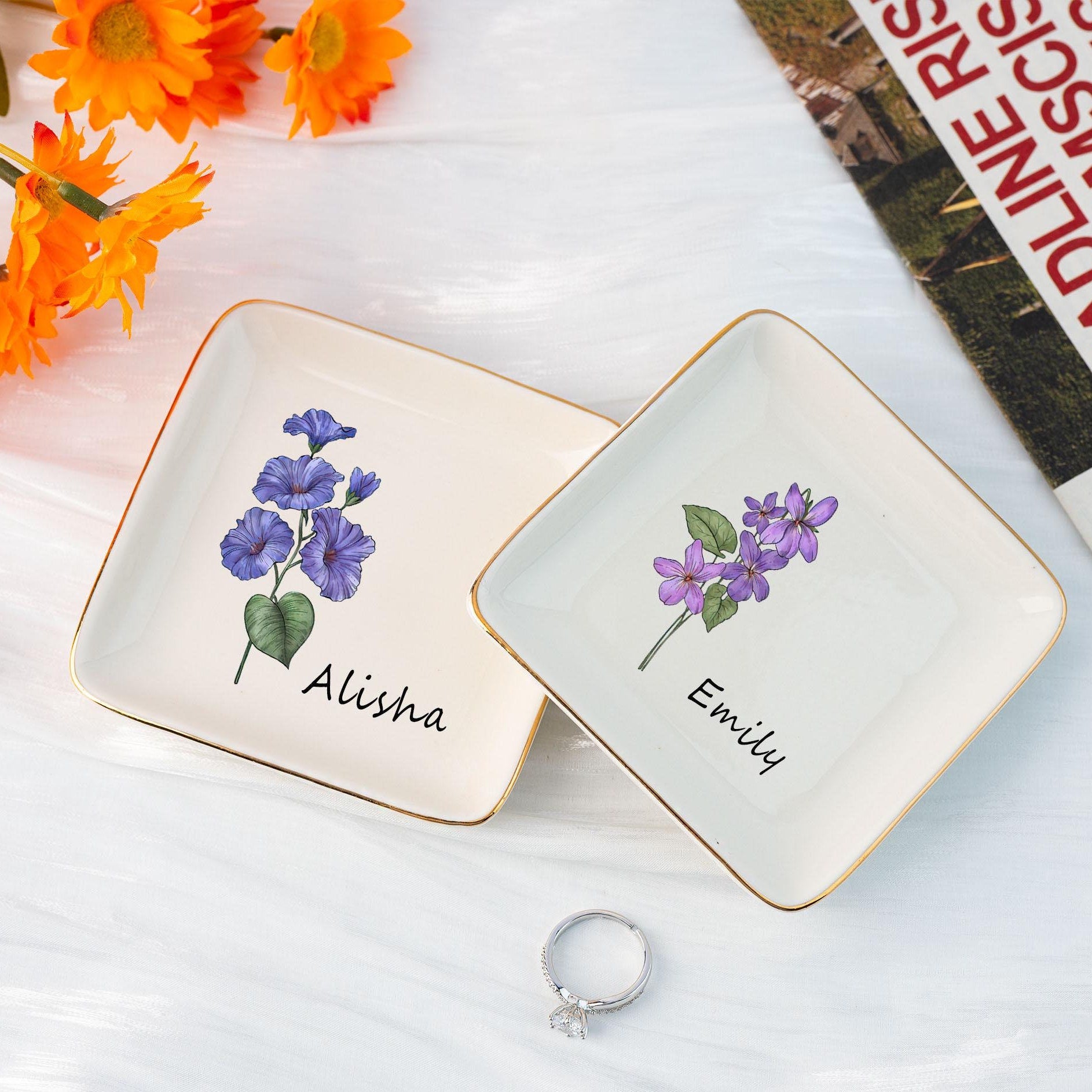 Custom Birth Flower Ceramic Jewelry Dish_ Personalized Name Trinket Dish