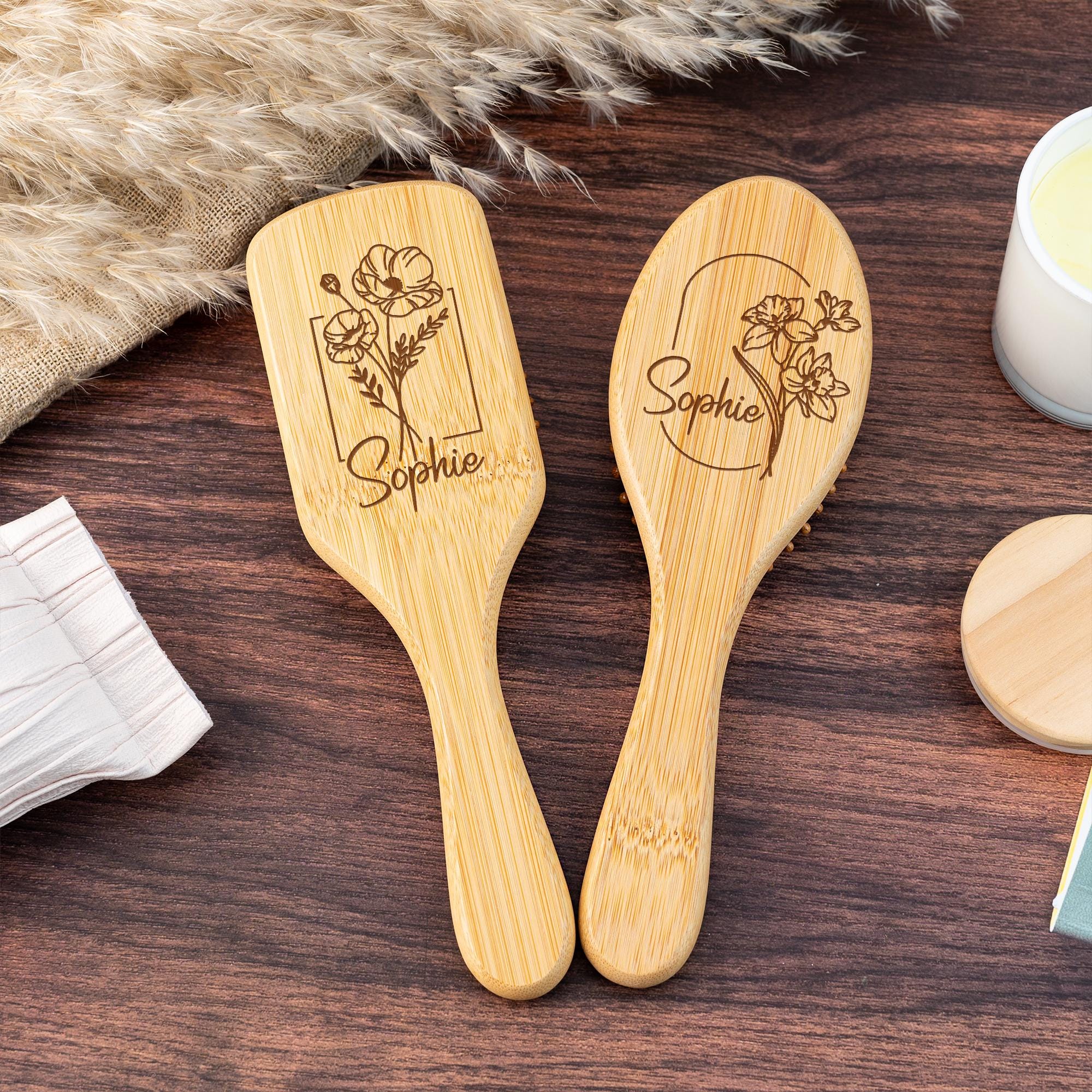 Personalized Birth Flower Wooden Comb,Engraved Name Airbag Brush,Wedding Bridesmaid Gift,Birthday Gift for Her,Bamboo Paddle Hairbrush