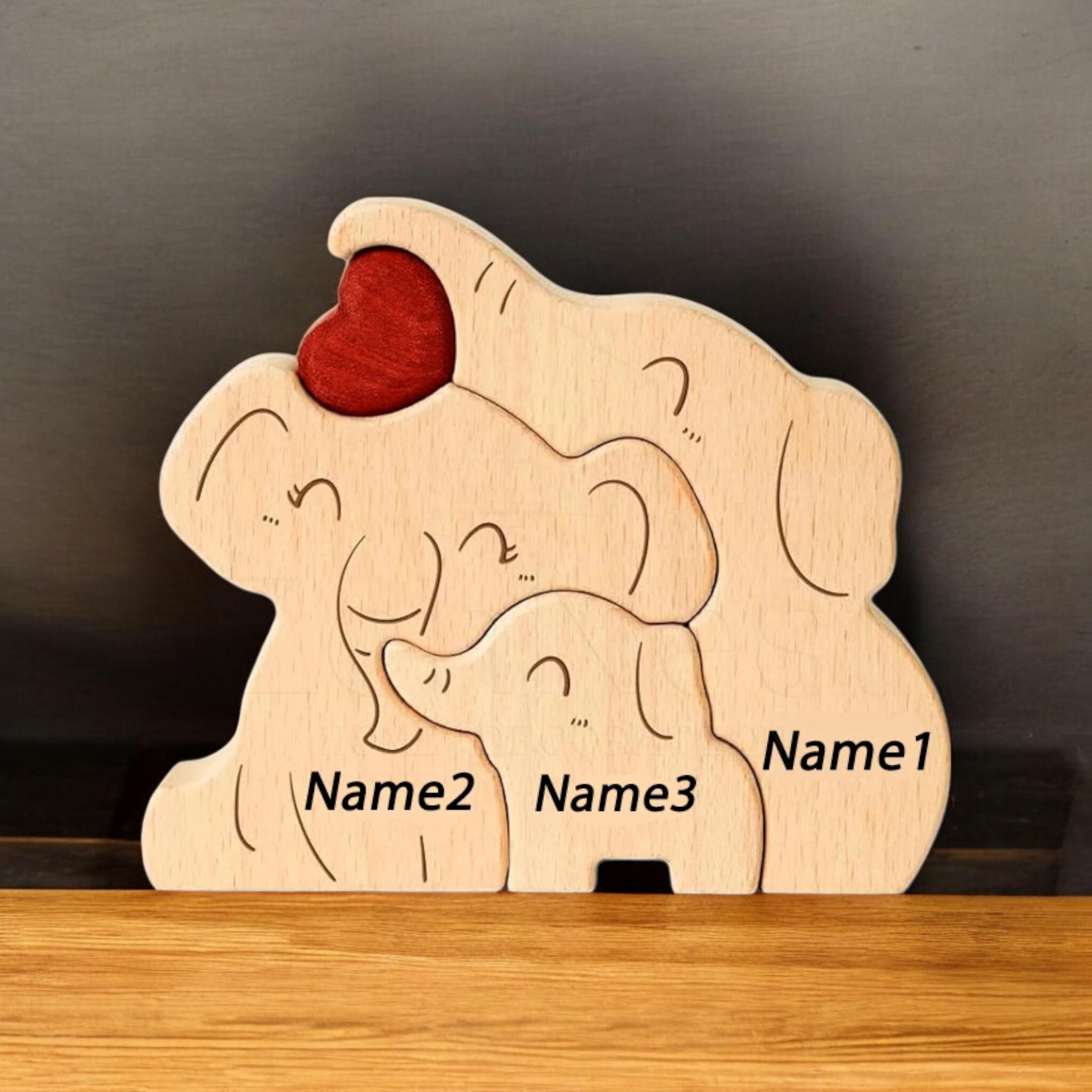 Personalised Wooden Elephant Family Ornament _ Custom Engraved Figurines _ Family Keepsake Gift for Mum, New Parents, Adoption or Baby Decor