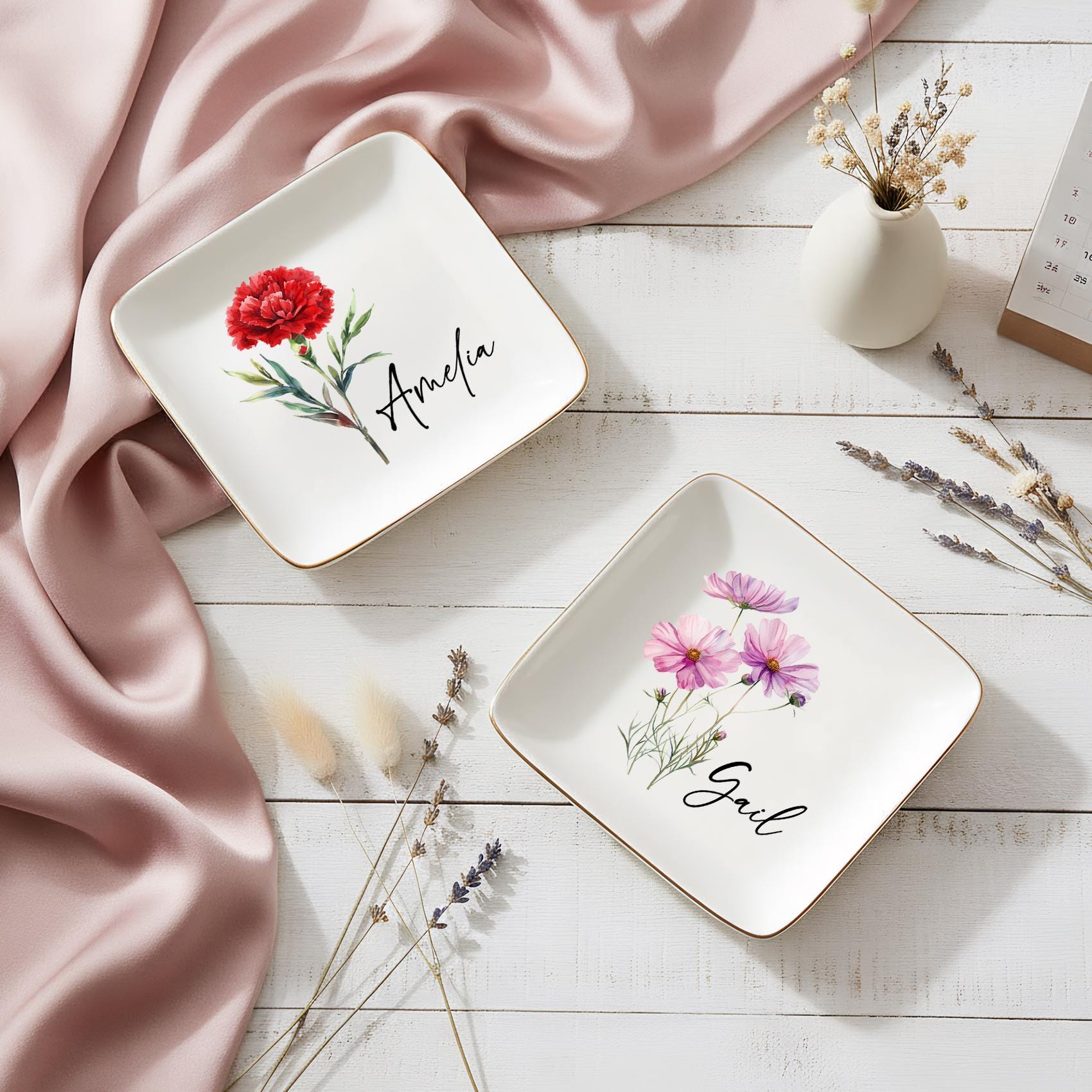 Personalized Birth Flower Trinket Dish, Custom Watercolor Flower Ring Dish, Wedding Bridesmaid Gift, Birthday Jewelry Dish, Christmas Gifts