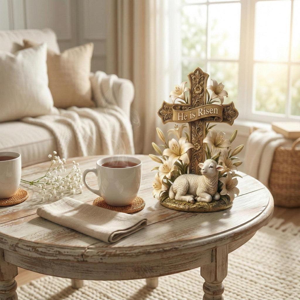 He is Risen Easter Cross Statue With Lamb & Lily, Resurrection Scene Christian Figurine, Easter Home Decor, Pastor Appreciation Gift.