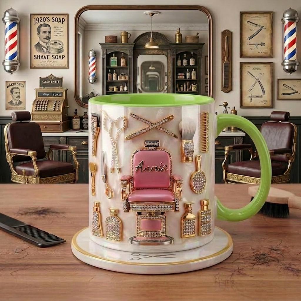 Custom Name Hairstylist Mug, Faux 3D Barber Chair Accent Drinkware, Personalized Salon Coffee Cup, Hairdresser Gift