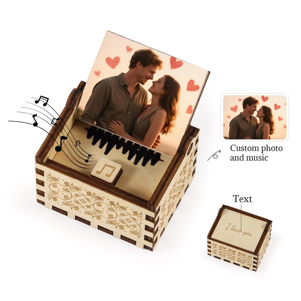 Personalized Wooden Music Box, Custom Photo & Song, Engraved “I Love You” Gift, Romantic Keepsake for Wife, Mom, Valentine’s Day