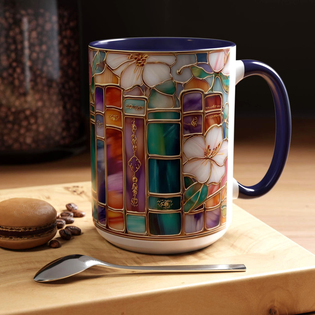 Stained Glass Print Book Mug_ Floral Library Coffee Cup, Book Lover Reading Nook Gift