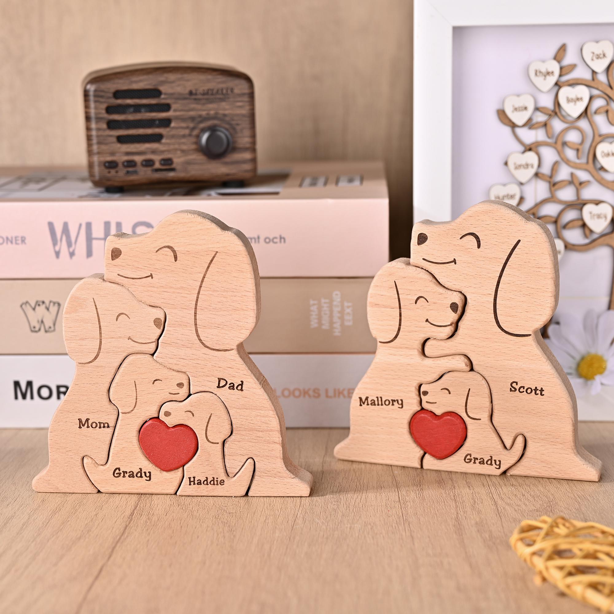 Personalized Wooden Dog Jigsaw Puzzle, Dog Family Figurines, Engraved Family Name Keepsake, Gift for Dog Lovers, Christmas Gift for Dog Mom