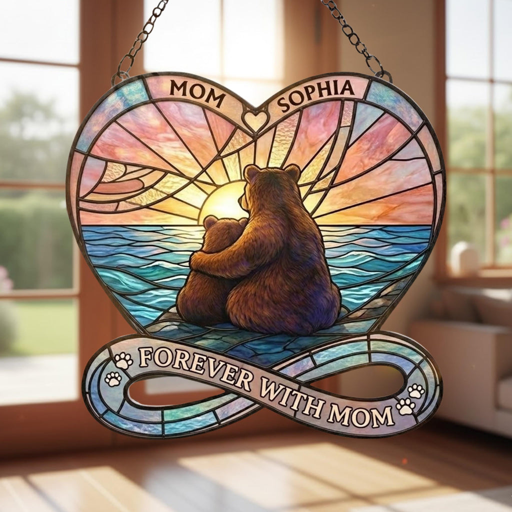 Personalized Bear Mom & Daughter Acrylic Suncatcher, Heart Acrylic Window Hanging, Mother's Day Gift, Forever With Mom Decor, Gift for Mom
