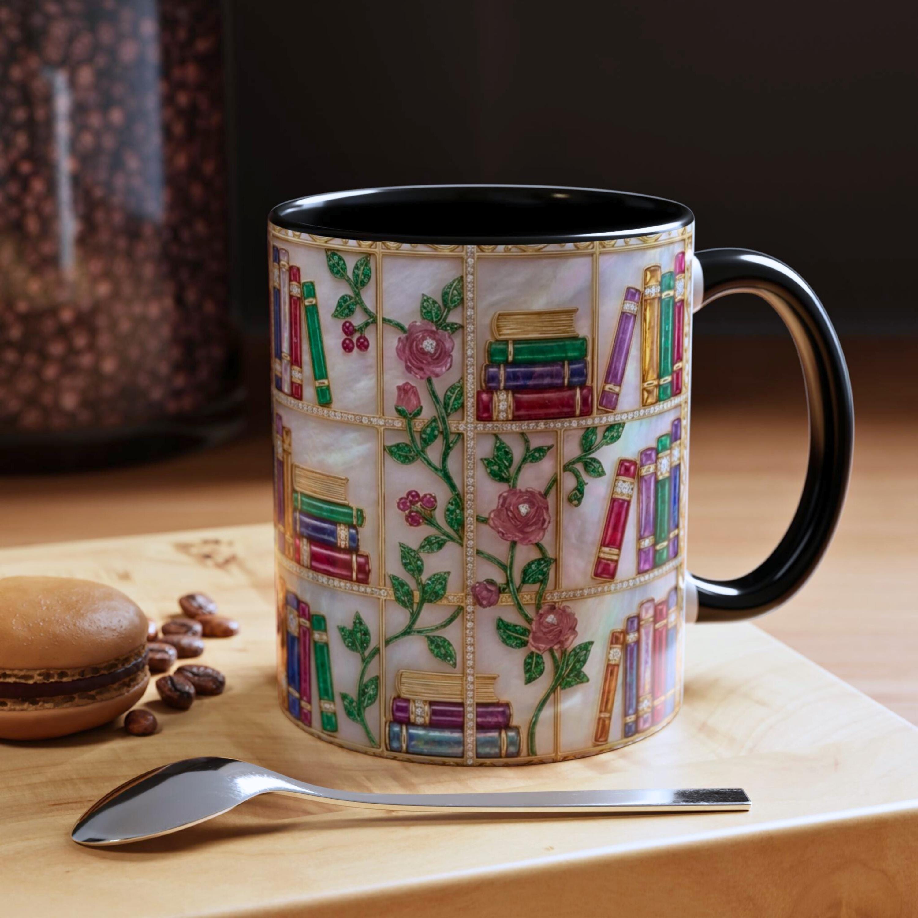 Stained Glass Bookshelf Mug, Floral Book Lover Coffee Cup, Vintage Library Style Mug, Elegant Reading Gift