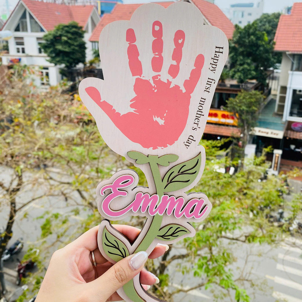 Personalized Handprint Flower Mothers Day Keepsake , Happy First Mothers Day Gift Kids Husband Engraved Wood Sign, Handprint Sign Mother