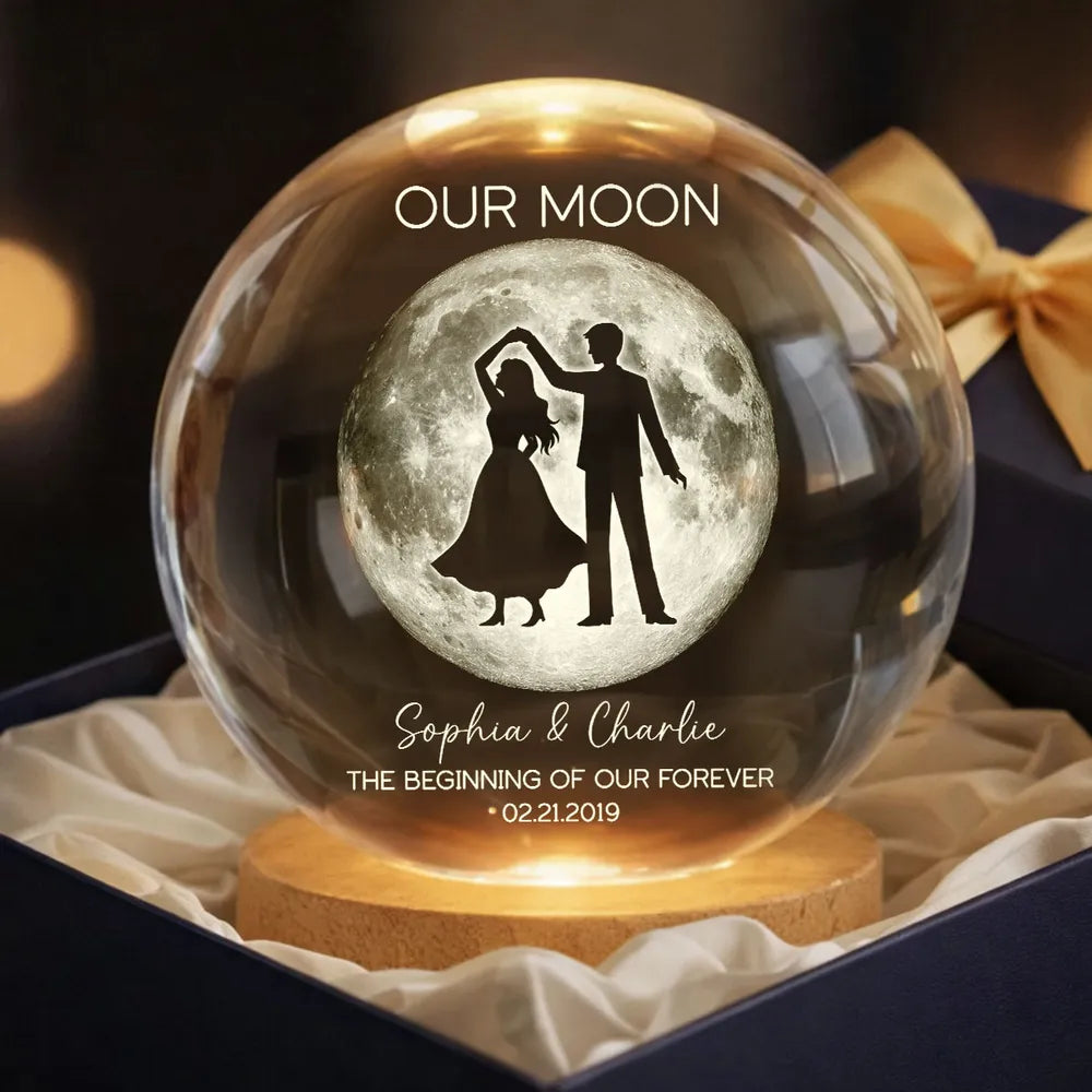 Couple Dancing in the Moonlight, Custom Moon Phase by Date, Personalized Crystal Ball LED Night Light, Valentine's Day Gift For Couple