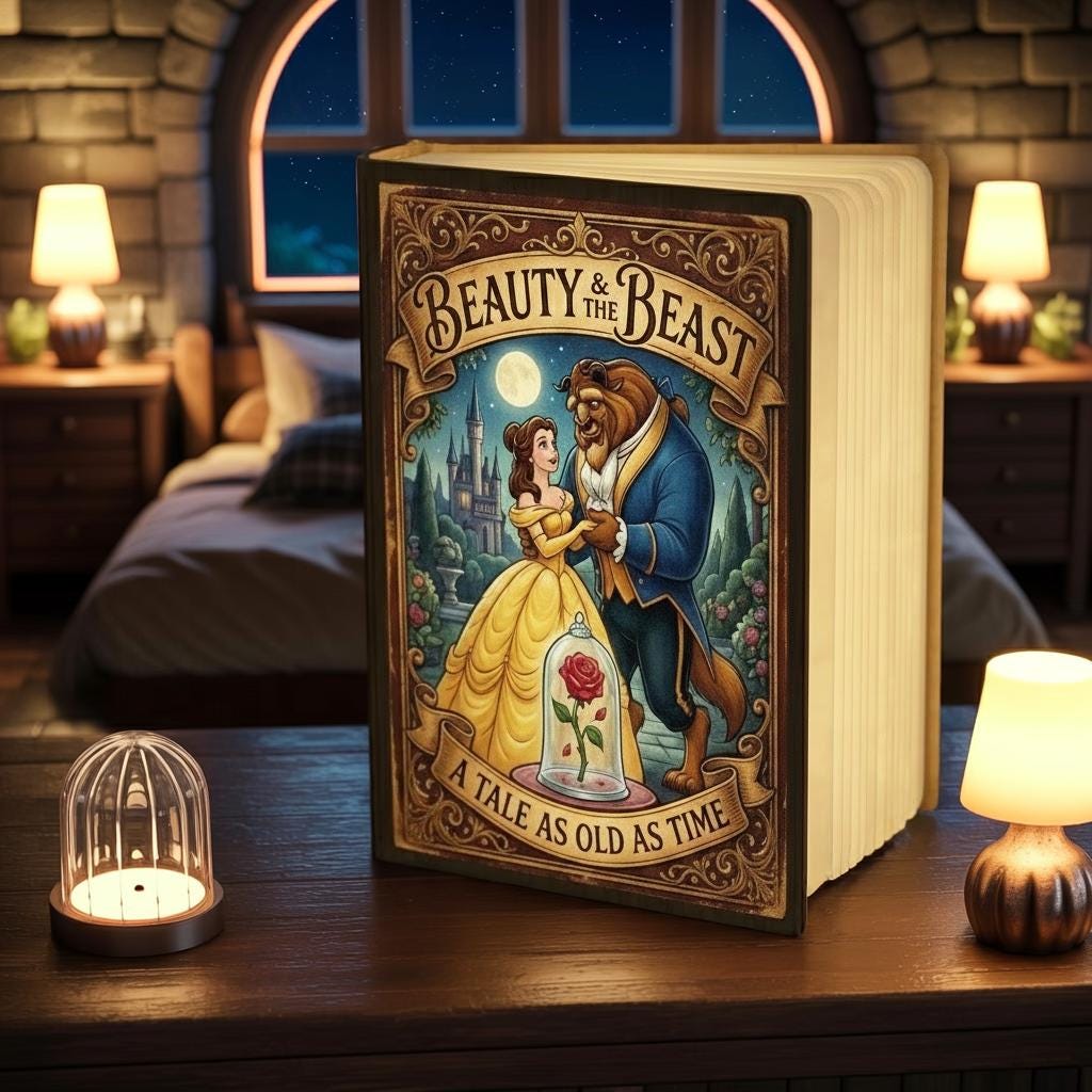 Beauty and the Beast Book Lamp, Tale as Old as Time Folding LED Light, Belle Princess Reading Lamp, Disney Enchanted Rose Night Light