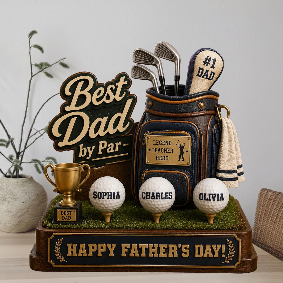 Personalized Best Dad by Par Custom Kid Name Wooden Block Decor Home- Father's Day Gift for Golf Dad, Husband From Son Daughter