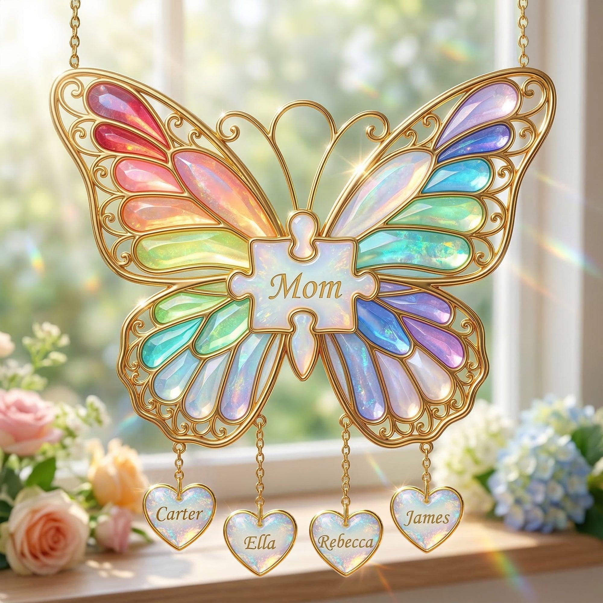 Personalized Rainbow Butterfly Mom Acrylic Suncatcher, Custom Name Mommy and Kids Hanging Suncatcher, Mother Day Window Decor, Gift for Mom