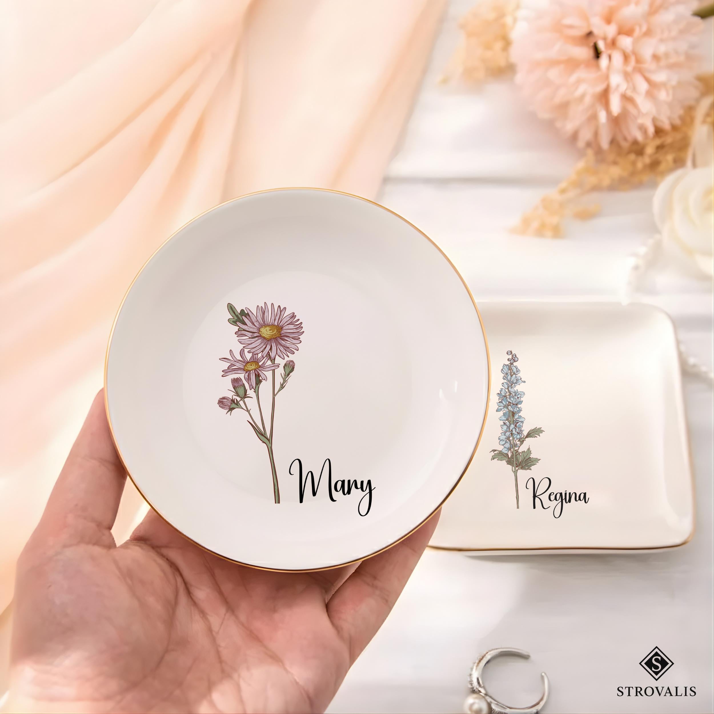 Personalised Birth Flower Trinket Dish, Custom Watercolor Flower Ring Dish, Wedding Bridesmaid Gift, Birthday Jewelry Dish, Christmas Gifts