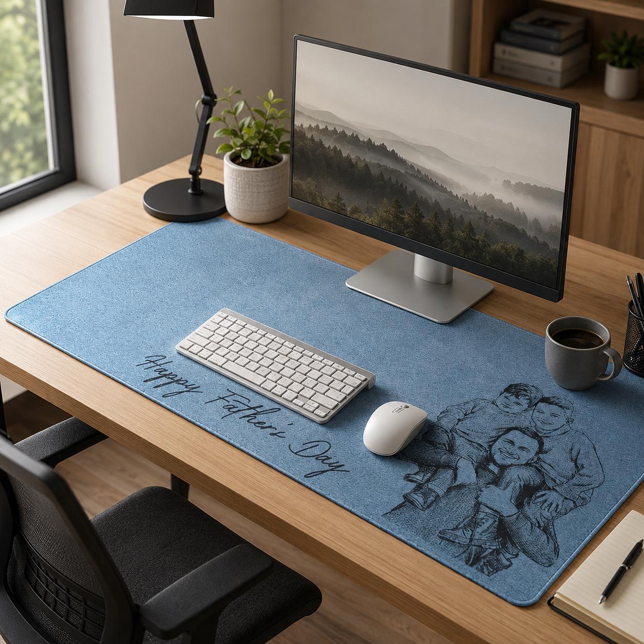 Custom Photo Sketch Line Art Leather Desk Mat, Fathers Day 2026 Gift for Husband, Personalized Daddy Kid Picture Mouse Pad Office Decor