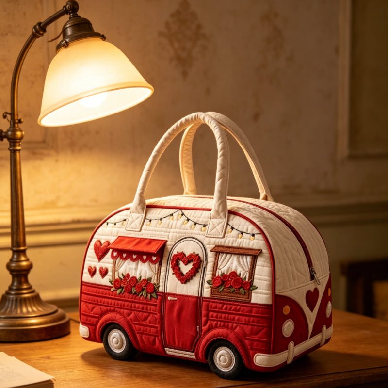 Valentine Van Large Capacity Duffle Bag, Red White RV Shaped Quilted Look Weekender Tote, Rose Print Travel Handbag for Women
