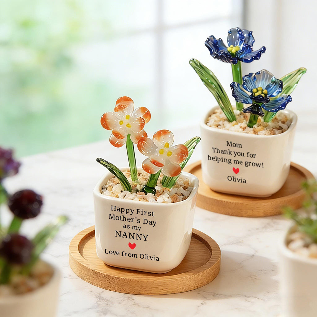 Hand Blown Glass Potted Flowers, Custom Birth Flower Pot, Mother's Day Gift, Stained glass Plant,Home Decor,Housewarming Gift,Gift for Mom