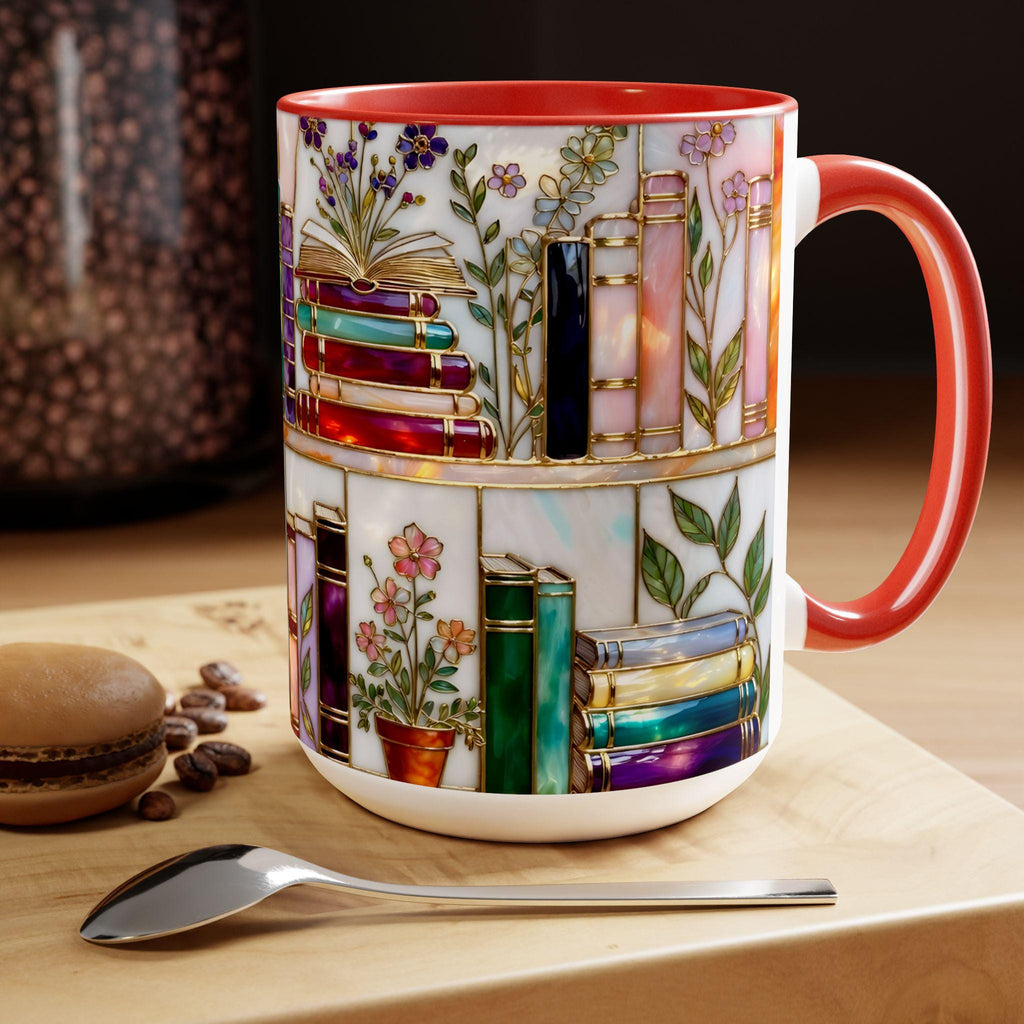 Stained-Glass Style Floral Bookshelf Mug, Book Lover Gift, Bookish Mug, Library Cup 11oz 15oz, bookshelf mug gift