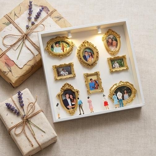DIY Mini Museum Silhouette Box, LED Lighted Photo Shadow Box, Gold Vintage Frames with Mini Figurines, Personalized Memory Display Box,