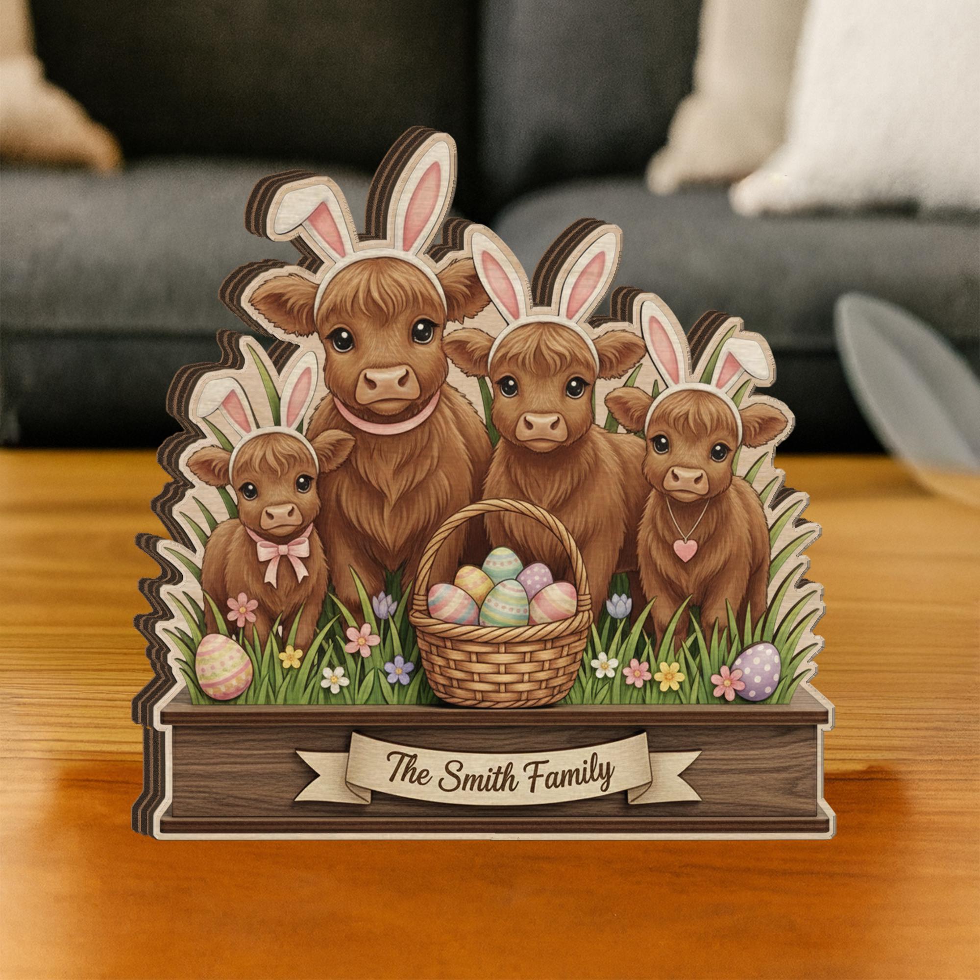 Personalized Wooden Block Easter Highland Cow Decor, Layered Bunny Farmhouse Sign