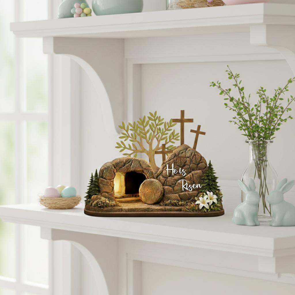 He is Risen Easter Wooden Decor, Christian Resurrection Empty Tomb Scene, Handmade Religious Cross Egg Ornament, Faith Easter Home Gift