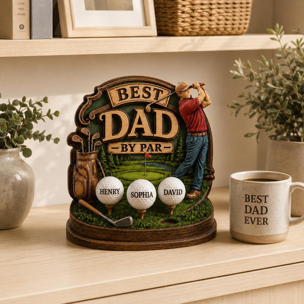 Personalized Golf Dad Sign 2D Flat Wooden Block, Wood With Kids Names Best Dad by Par Sculpture, Golf Grandpa Papa Gift, Father’s Day Gift