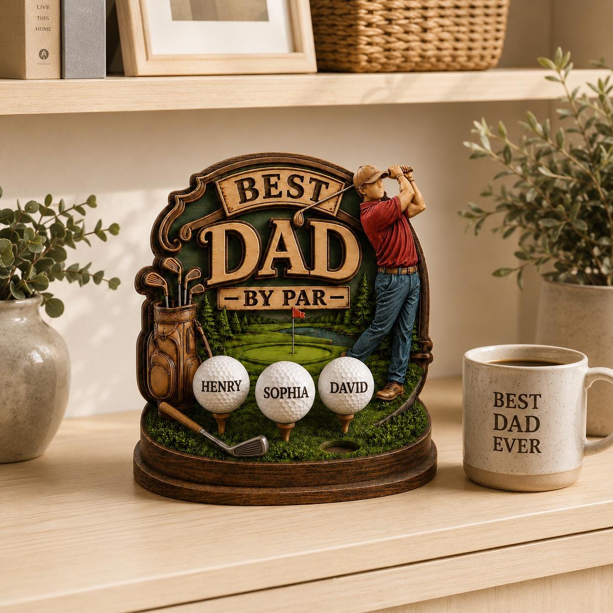 Personalized Golf Dad Sign 2D Flat Wooden Block, Wood With Kids Names Best Dad by Par Sculpture, Golf Grandpa Papa Gift, Father’s Day Gift