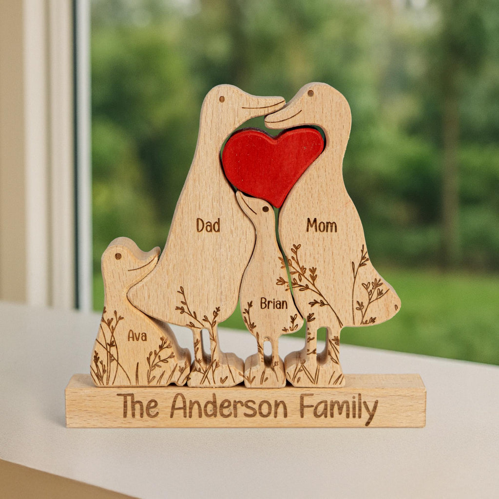 Family Custom Name, Personalized Wooden Duck Family Puzzle, Wooden Animal Carvings, Family Home Decor, Family Puzzle Gift, Christmas Gifts