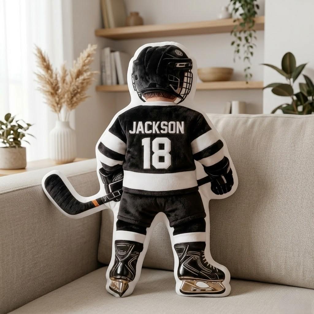 Personalized Hockey Player Pillow Custom Name Number Flat Printed 3D Look NOT Embossed Kids Sports Cushion Team Uniform Gift Room Decor