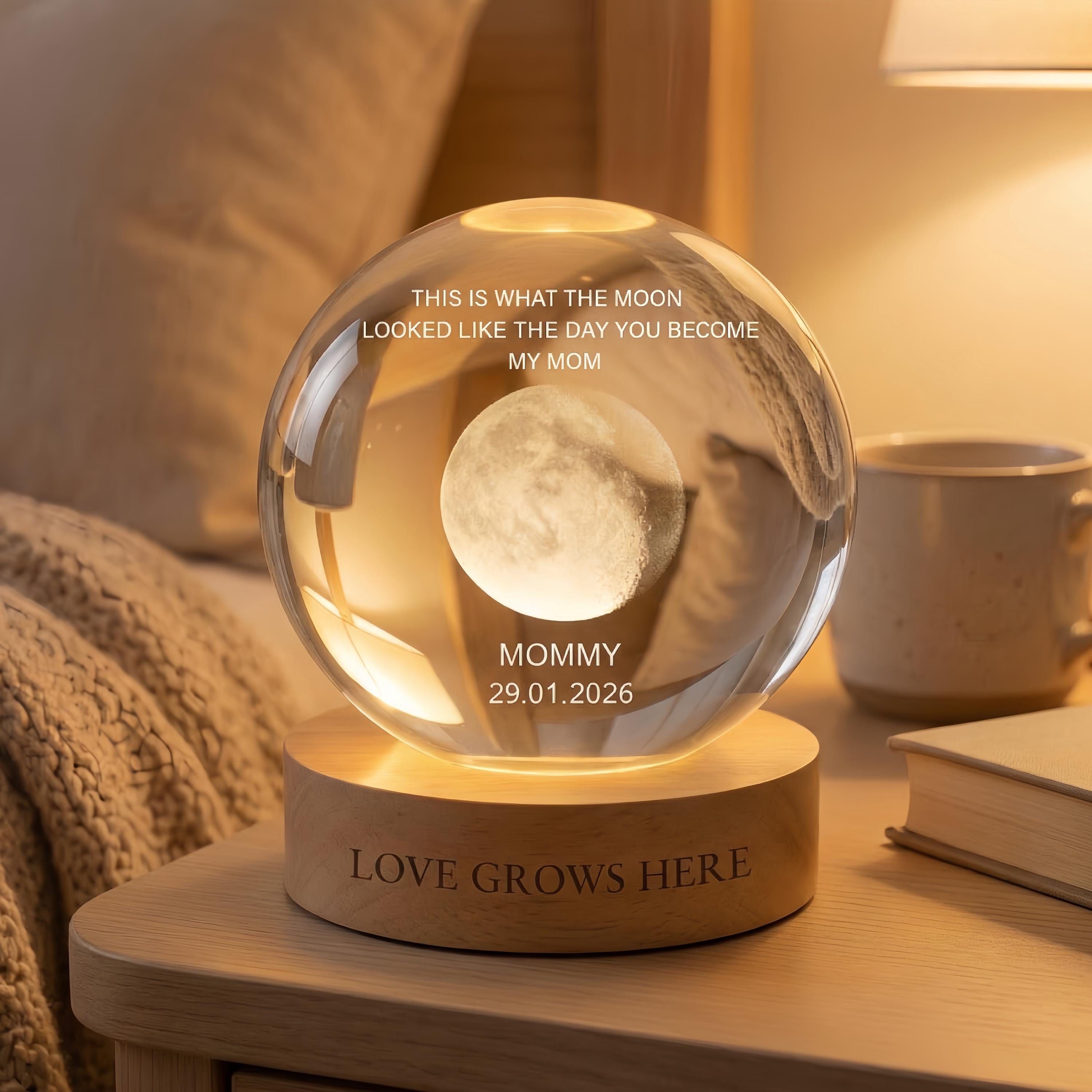 The Day You Become Mom Personalized Moon Phase by Date, Custom Crystal Ball LED Night Light, Gift for Mom, Mother's Day Gifts,gift From Kids