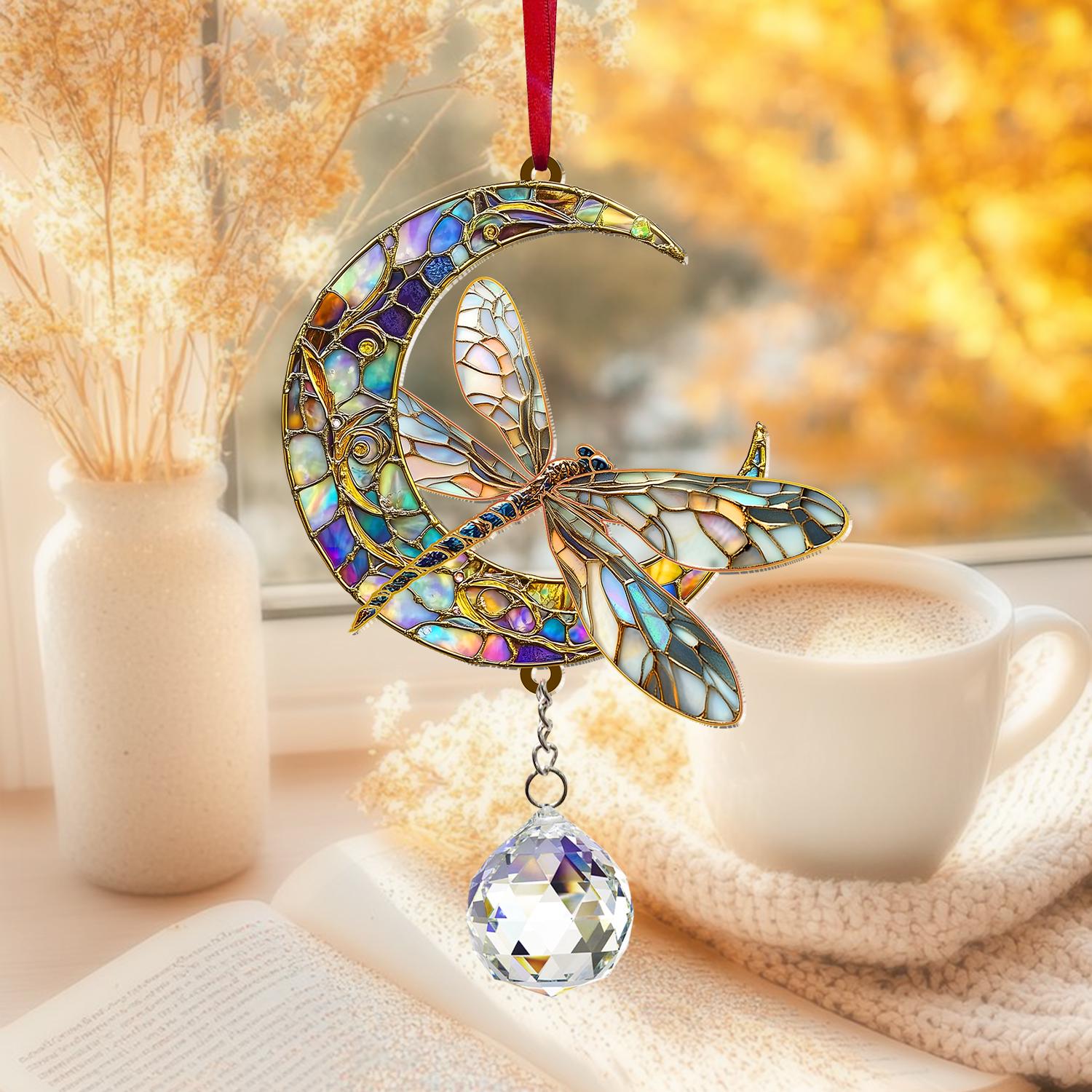 Dragonfly Suncatcher Crystal Prism, Acrylic Moon Dragonfly Hanging Sign, Window Art Decor, Nature Lover Gift, Home Accent