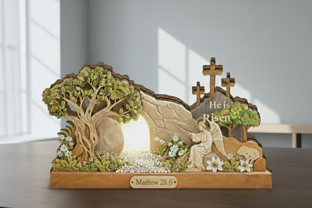 He is Risen Easter Wooden Block Sign, 2D Flat Empty Tomb Scene, Resurrection Christian Decor, Pastor Appreciation Church Gift