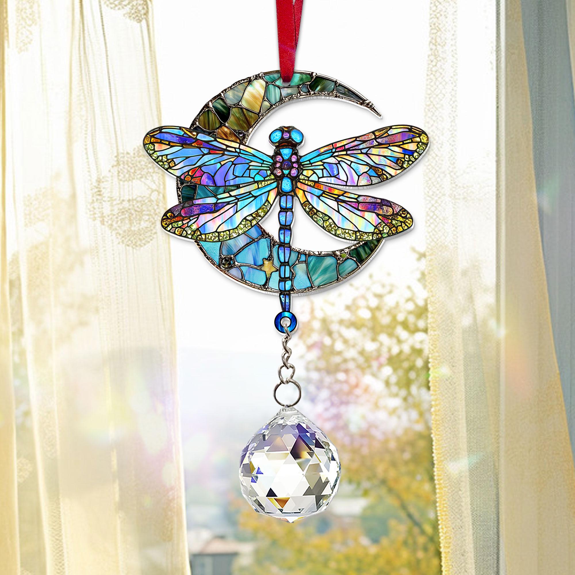 Dragonfly Acrylic Suncatcher With Crystal, Dragonfly Moon Window Hanging, Dragonfly Ornament, Dragonfly Gift, Gift for Mom, Garden Decor