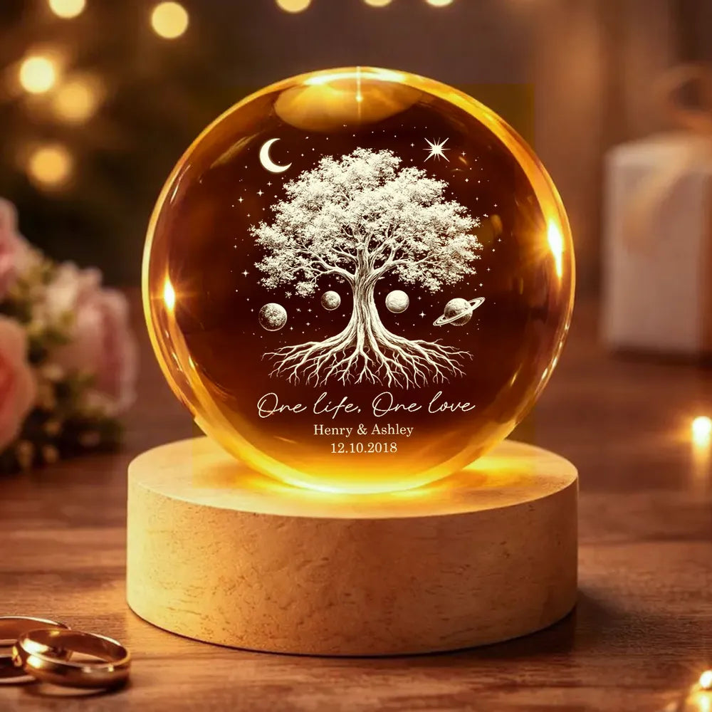 One Life One Love Couple Tree of Life - Personalized Crystal Ball LED, Valentines Day Wedding Anniversary Gift For Couple