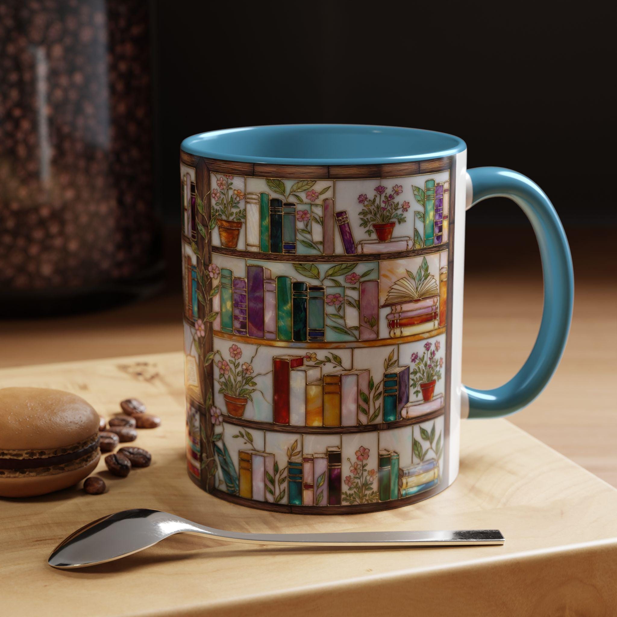 Book Lover Coffee Mug, Bookshelf Design Ceramic Mug, Vintage Library Bookish Cup, Gift for Readers